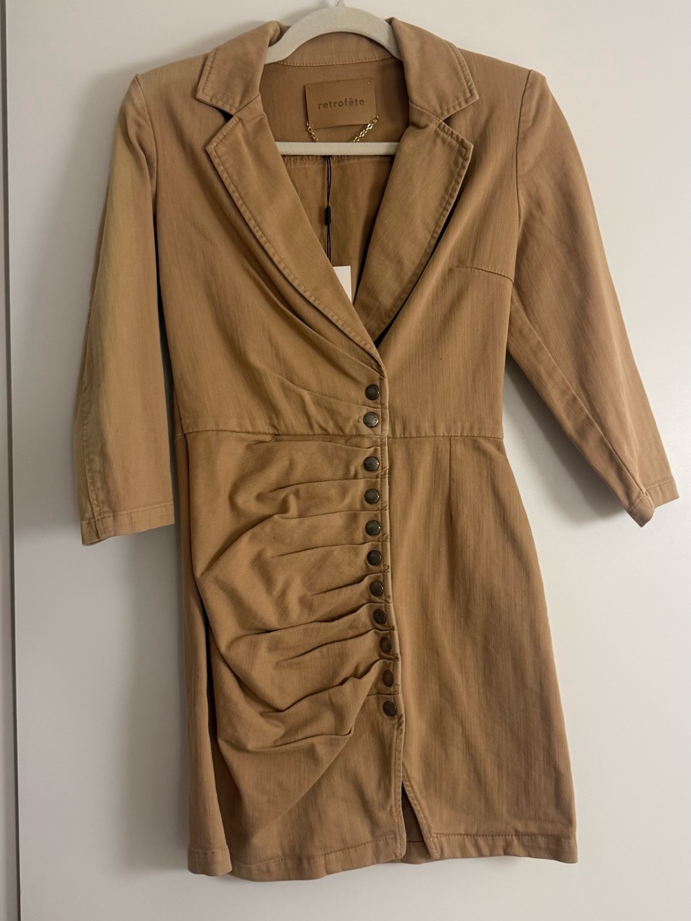 Retrofete will dress Camel Ruched Button-Front Mini Dress